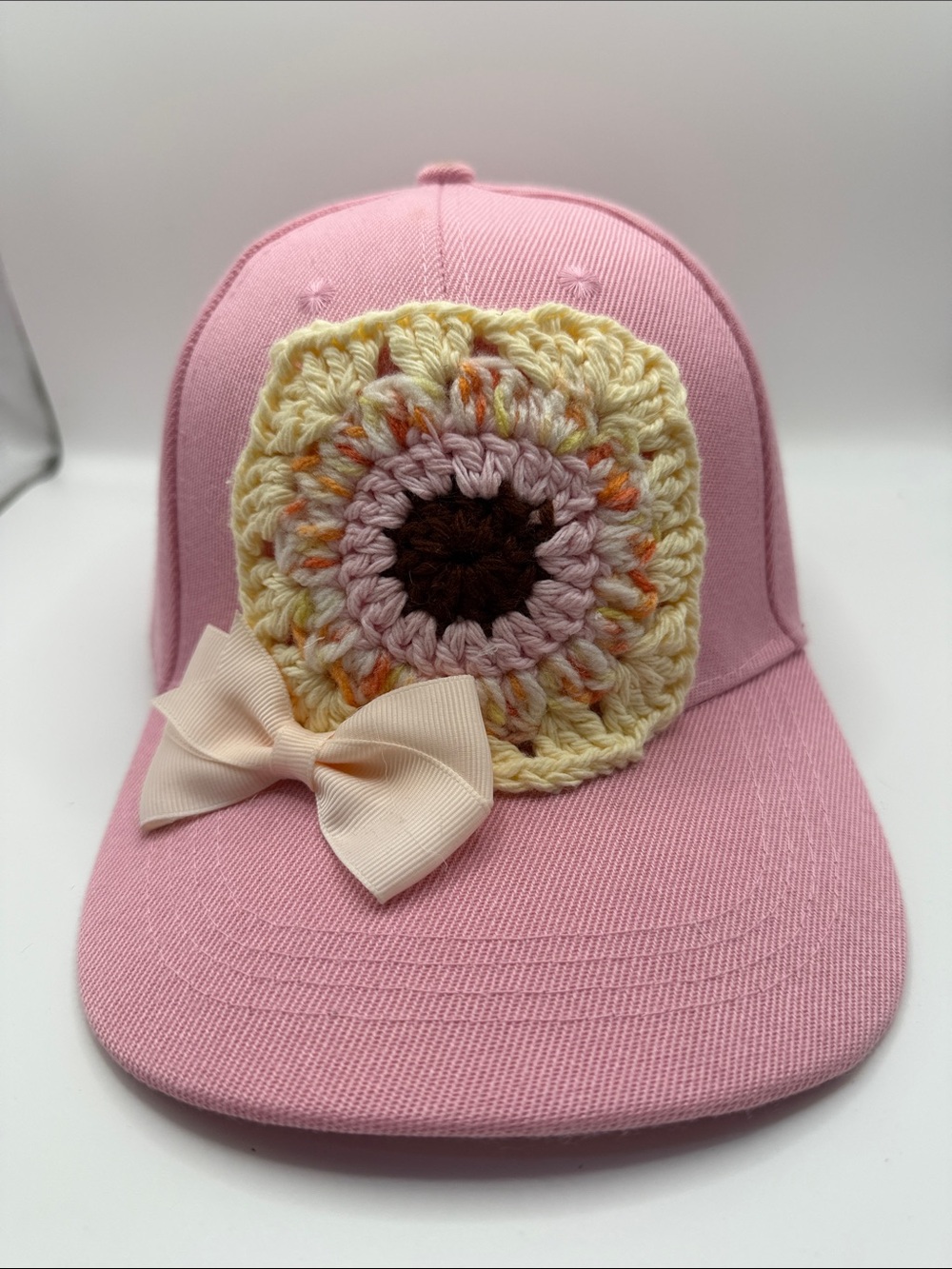 Handmade Pink Sunflower Crochet Baseball Cap Bow Coquette Granny Square Hat - Picture 2 of 8